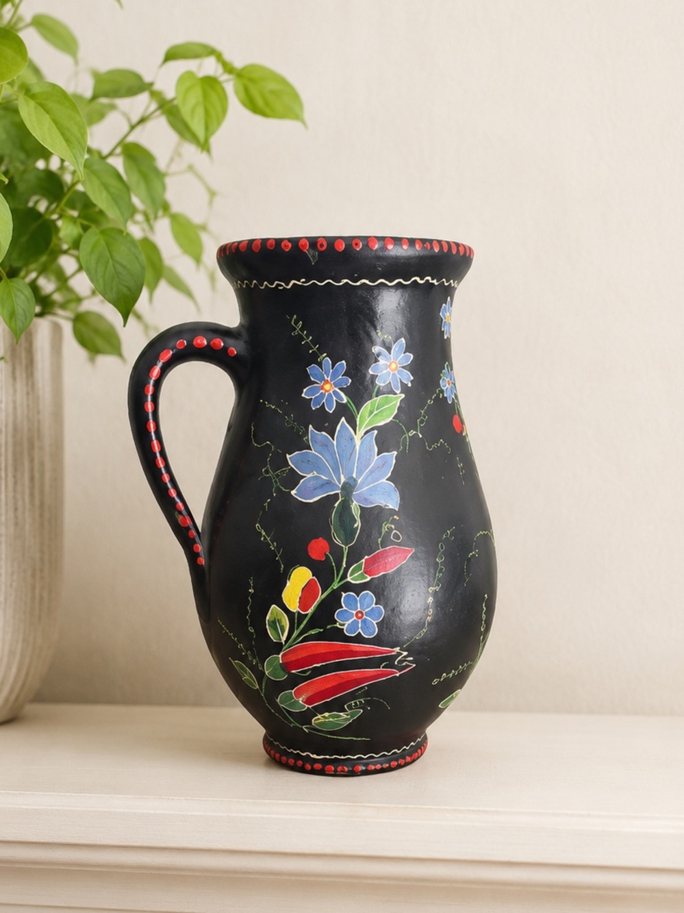 Vintage Hungarian Folk Art Ceramic Pitcher Black Floral Cottagecore Vase Bold